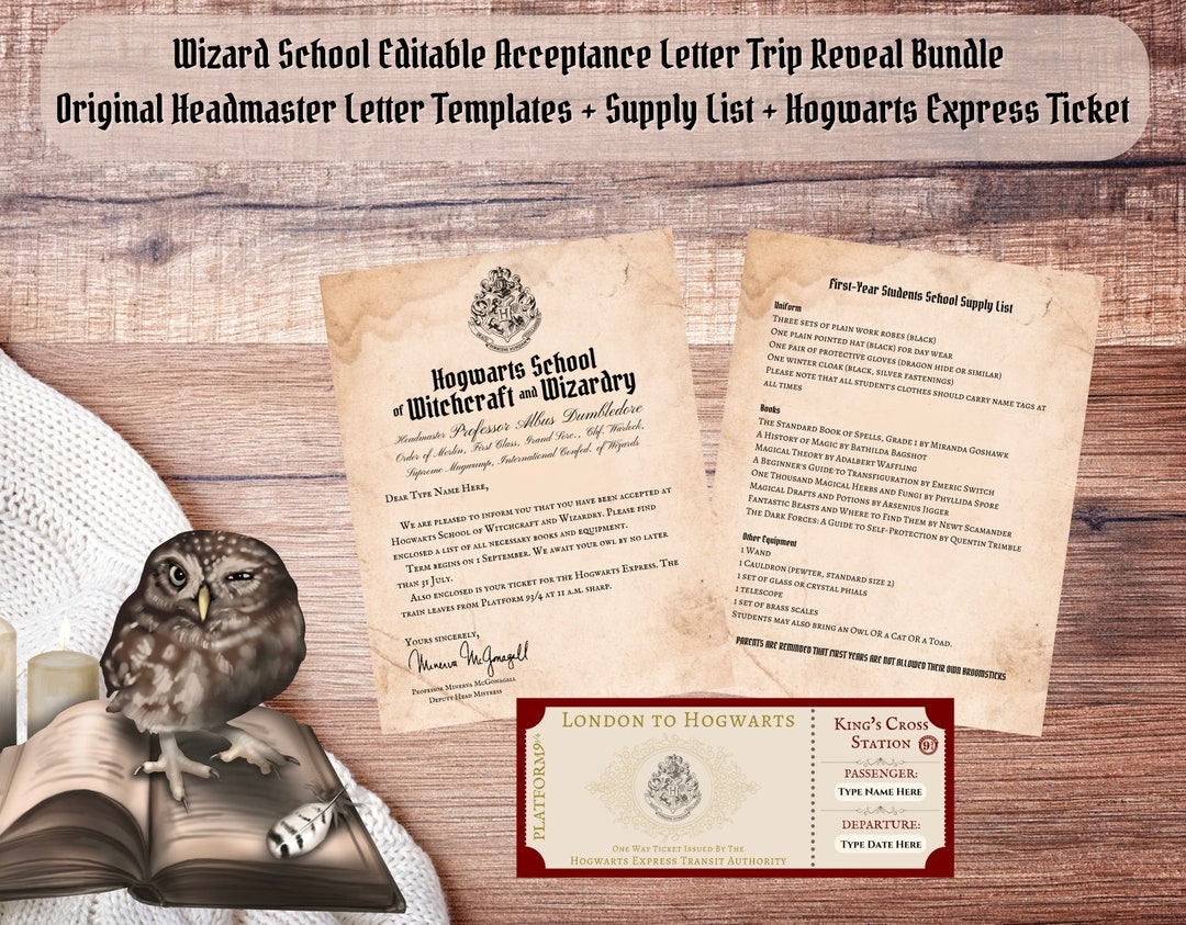 Editable Wizard School Acceptance Letter Train Ticket Trip Reveal Bundle Customizable Canva Template Download And Print Etsy