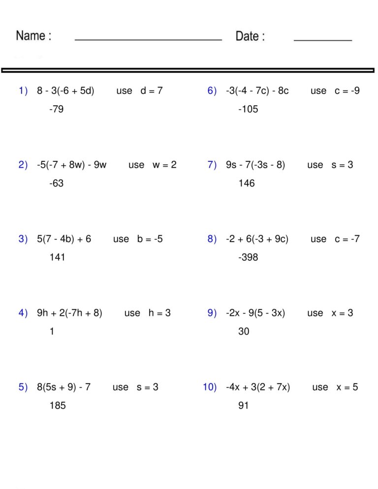 Evaluating Algebraic Expressions Worksheet One Variable Pre Algebra Made By Teachers