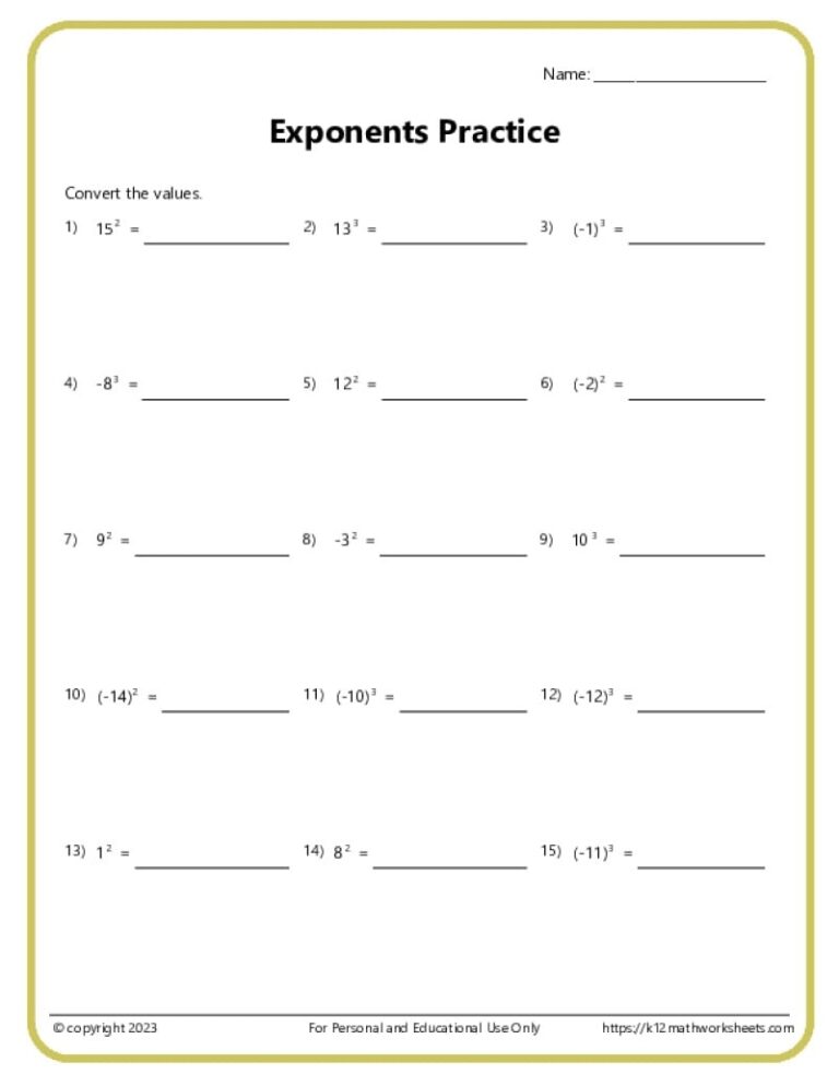 Exponents Worksheets