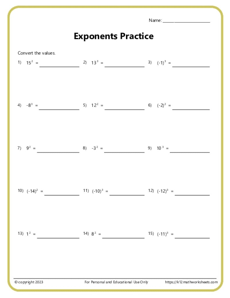 Exponents Worksheets