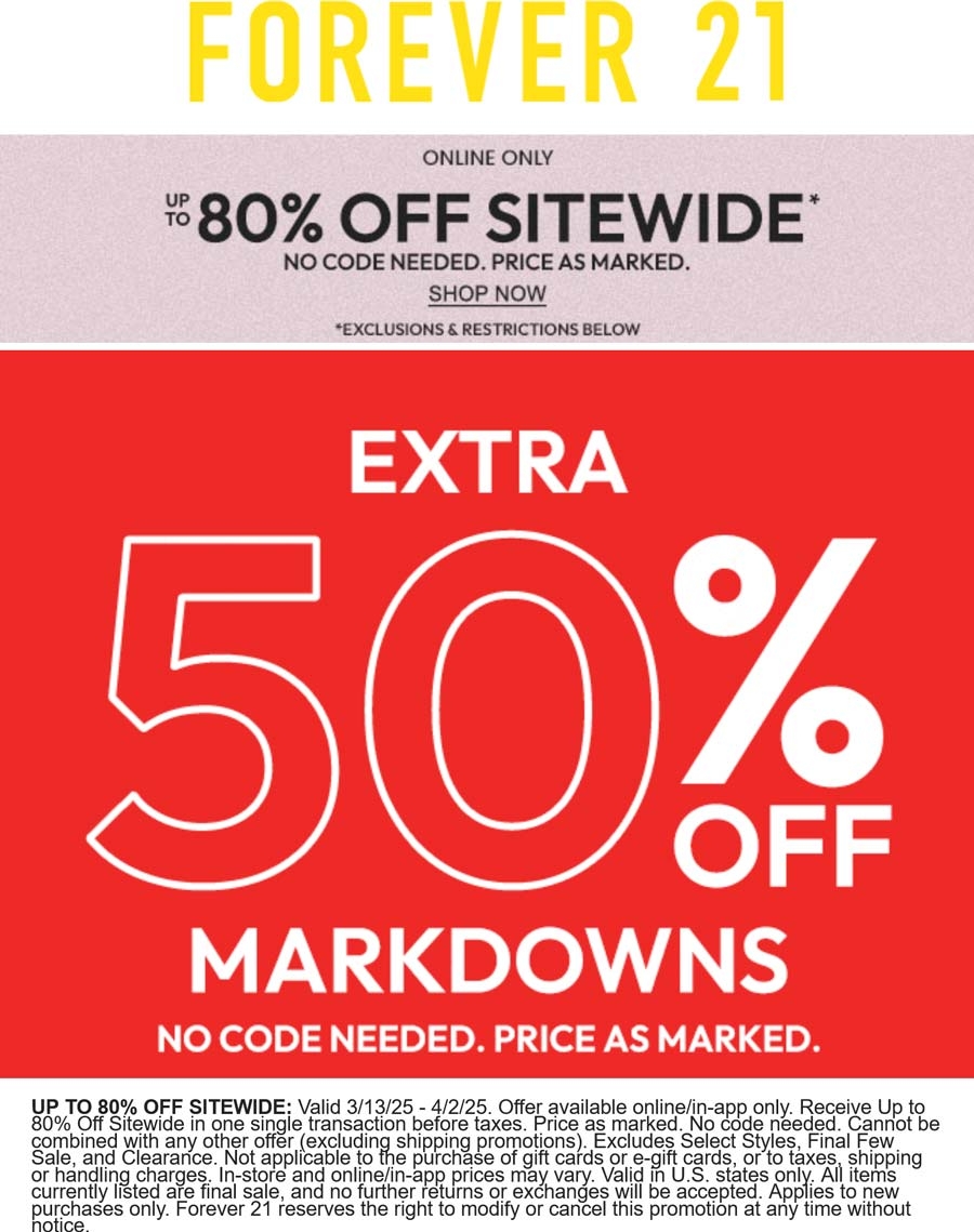 Extra 50 Off Sale Items Online At Forever 21 Forever 21 July 2025 Coupons Promo Codes Deals 