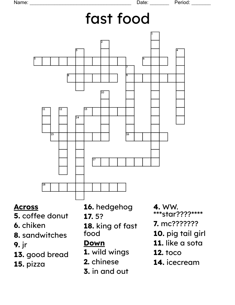 Fast Food Crossword WordMint