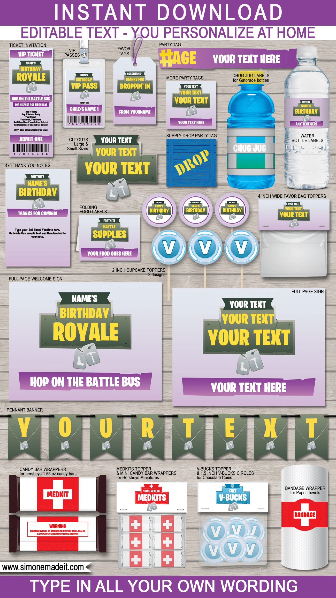 Fortnite Birthday Printables Decorations Invitations V Bucks Medkits