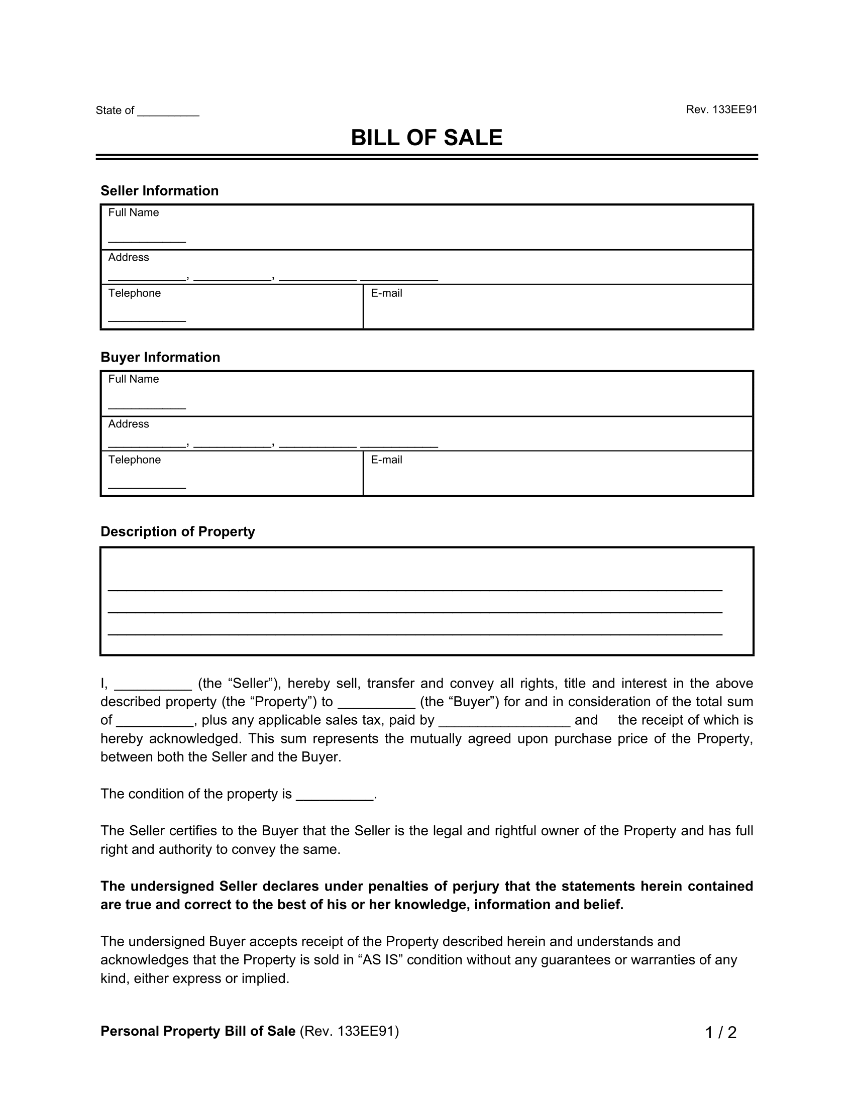 free printable bill of sale for car