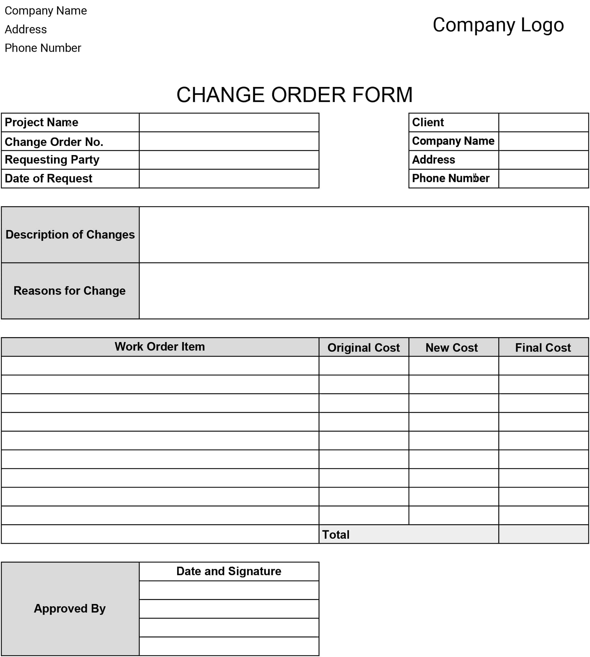 Free Change Order Templates Download Print Construction Forms In PDF Office GDocs 