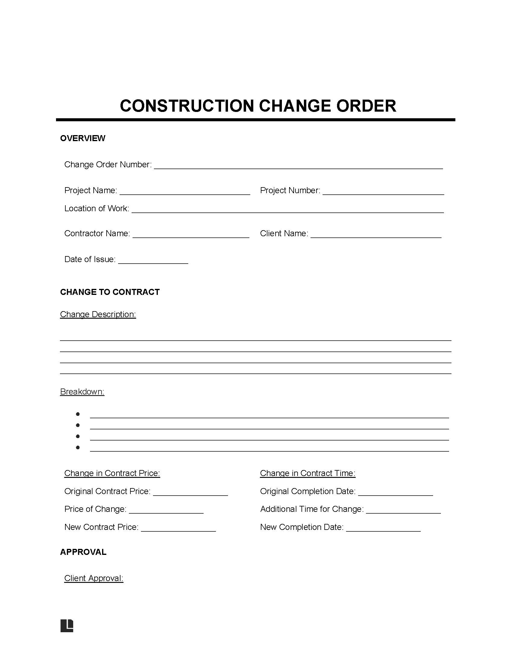 Free Construction Change Order Form PDF Word