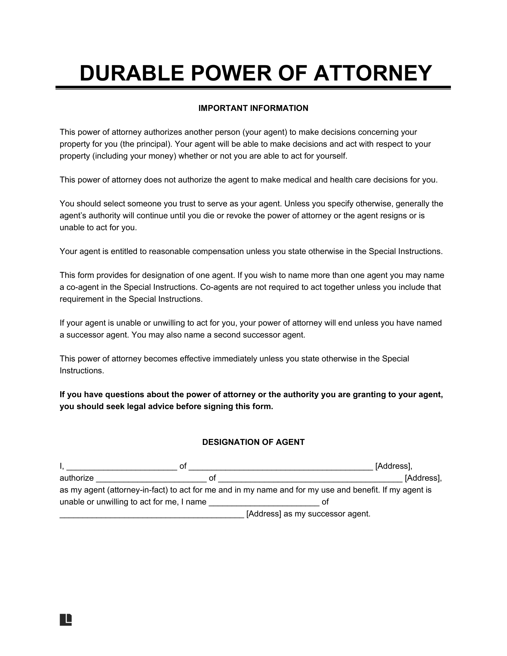 Free Durable Power Of Attorney Form PDF Word