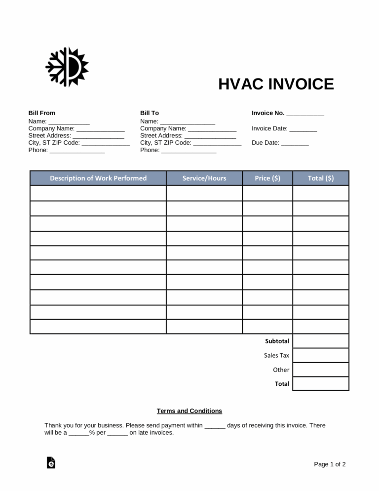 Free HVAC Invoice Template PDF Word EForms