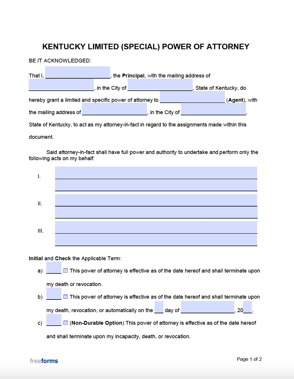 Free Kentucky Limited Special Power Of Attorney Form PDF Word