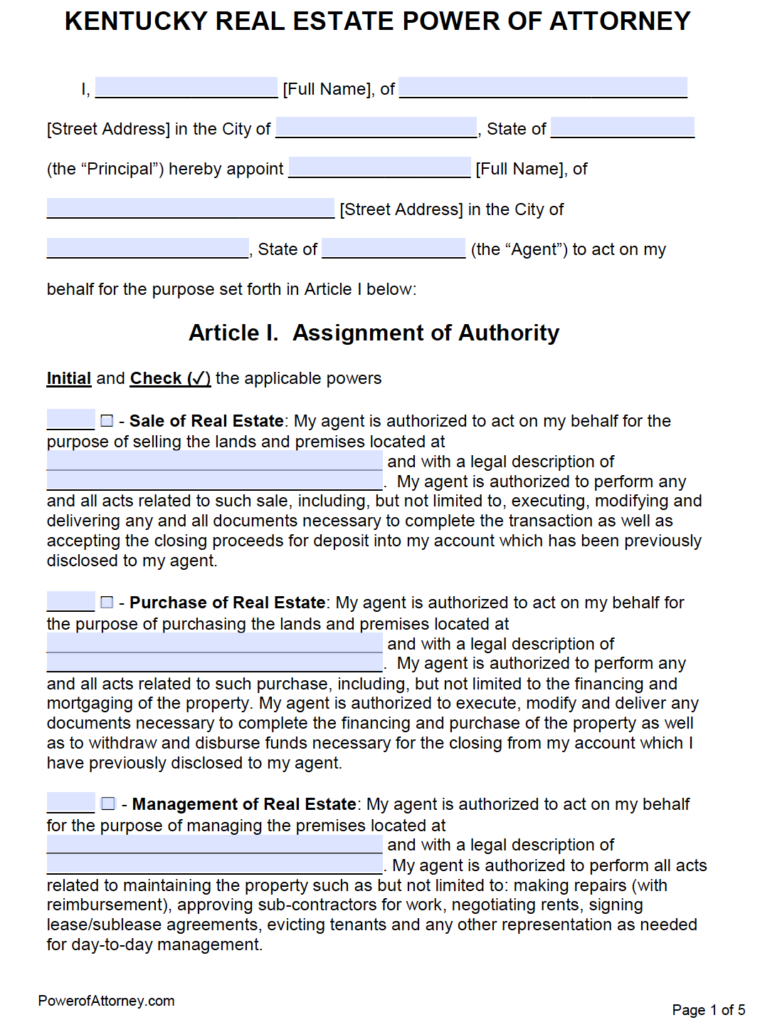 free printable power of attorney form kentucky