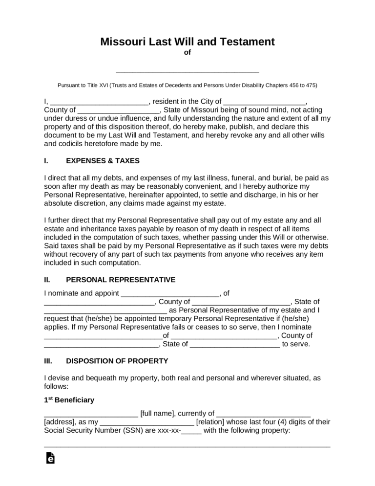 Free Missouri Last Will And Testament Template PDF Word EForms