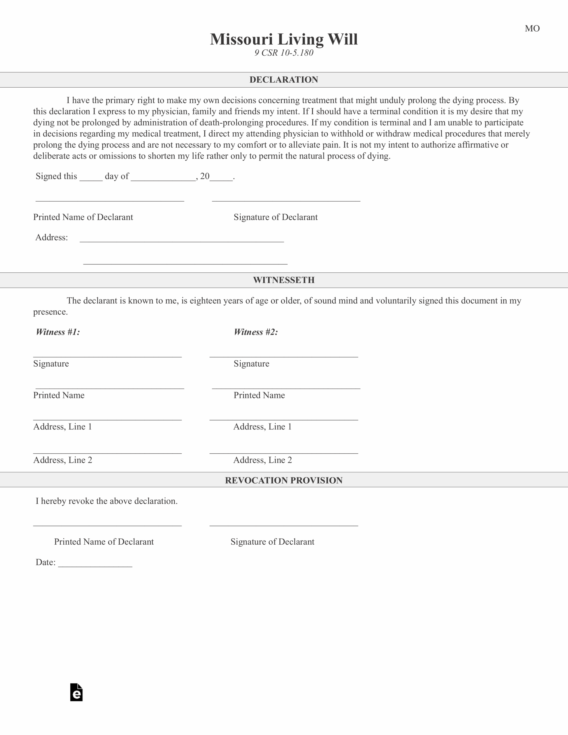Free Missouri Living Will Declaration Form Template PDF EForms