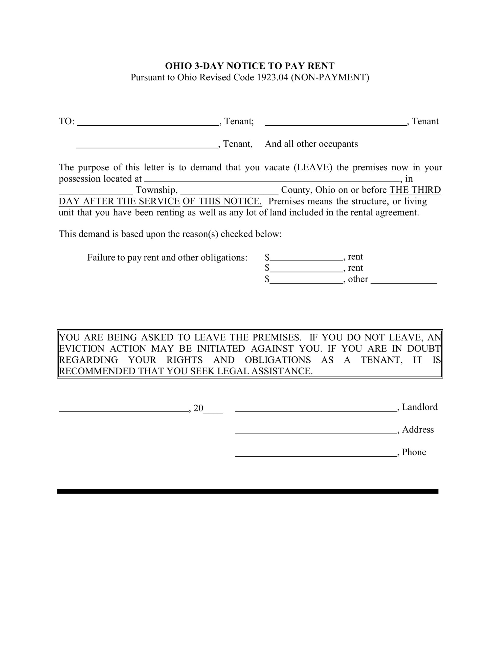 Free Ohio 3 Day Notice To Quit Form Non Payment PDF Word EForms
