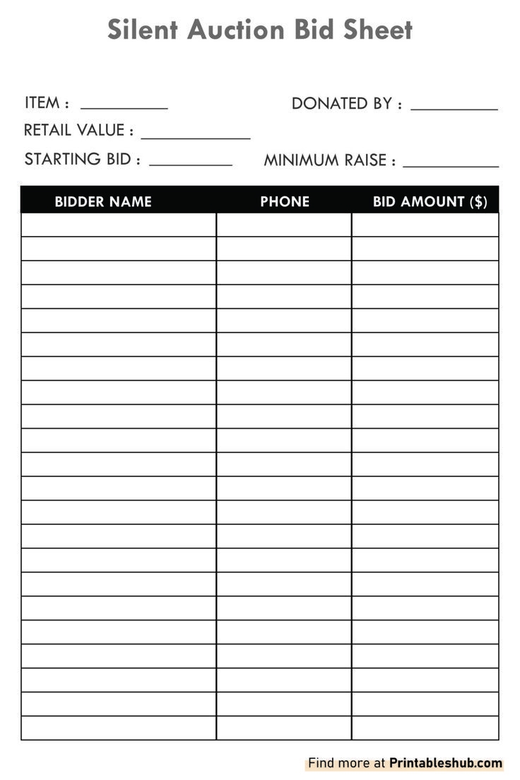 Free Printable Blank Silent Auction Bid Sheet Template PDF