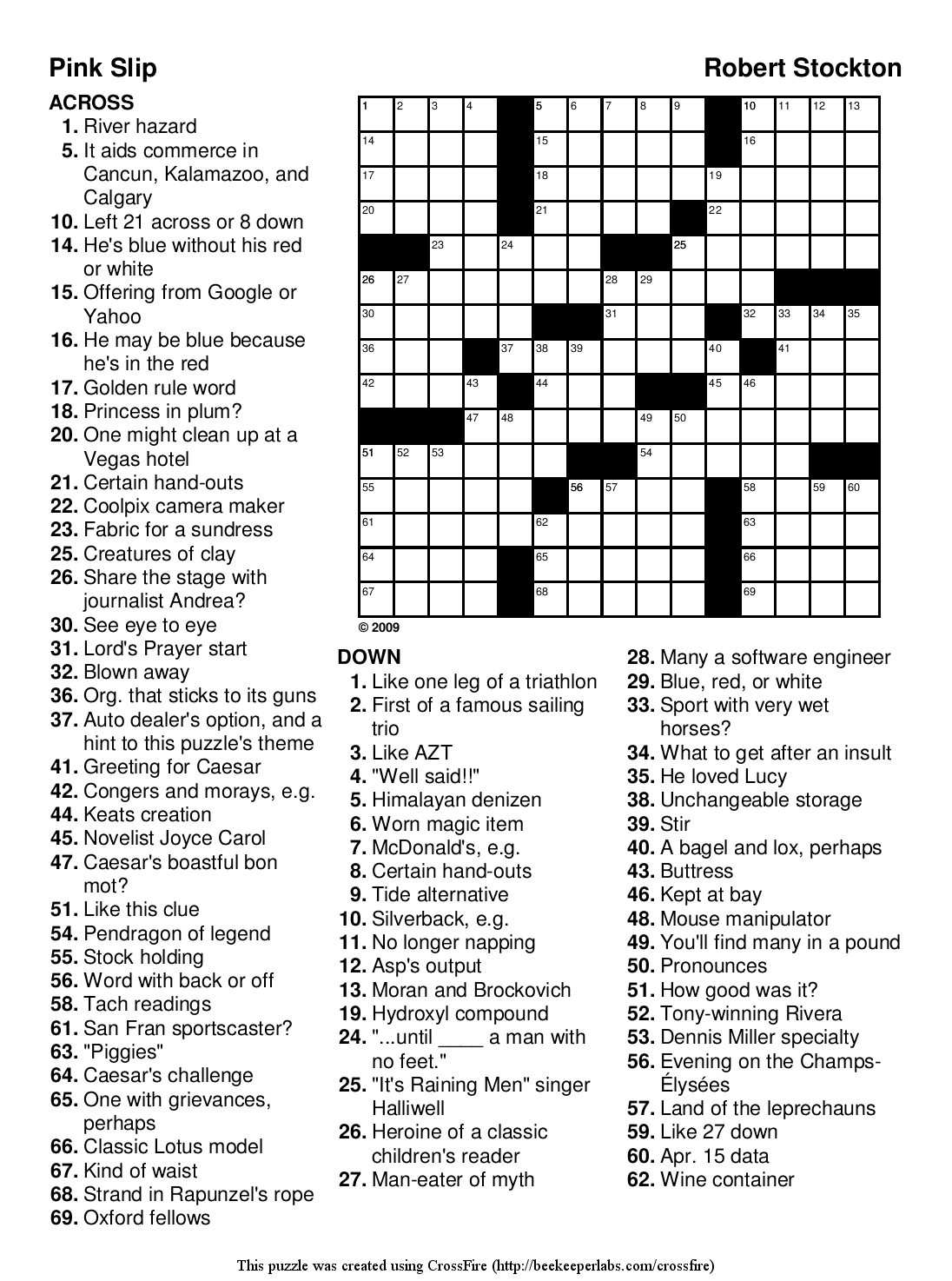 Free Printable Crossword Puzzle 93 Pink Slip Beekeeper Crosswords