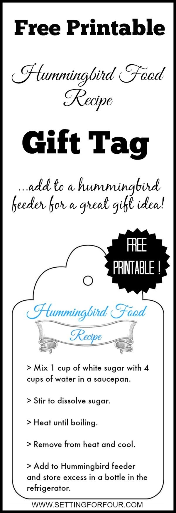 Free Printable Hummingbird Food Recipe Gift Tag