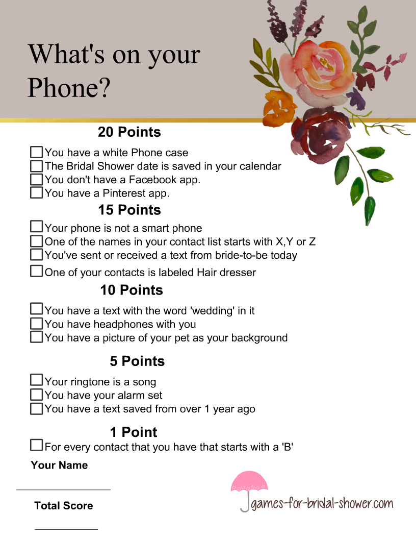Free Printable What s In Your Phone Bridal Shower Game