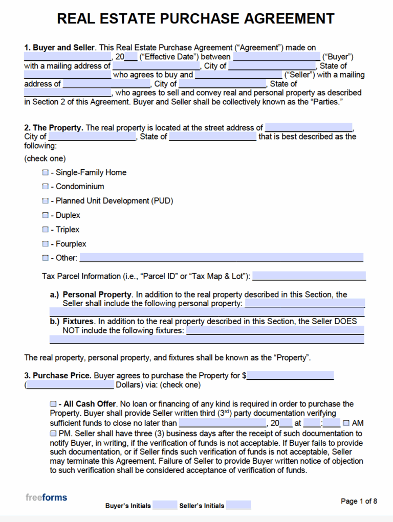 Free Real Estate Purchase Agreements PDF Word