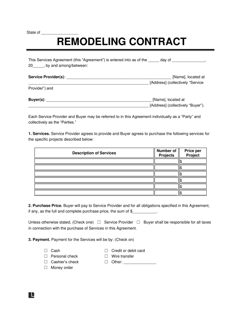 Free Remodeling Contract Template PDF Word