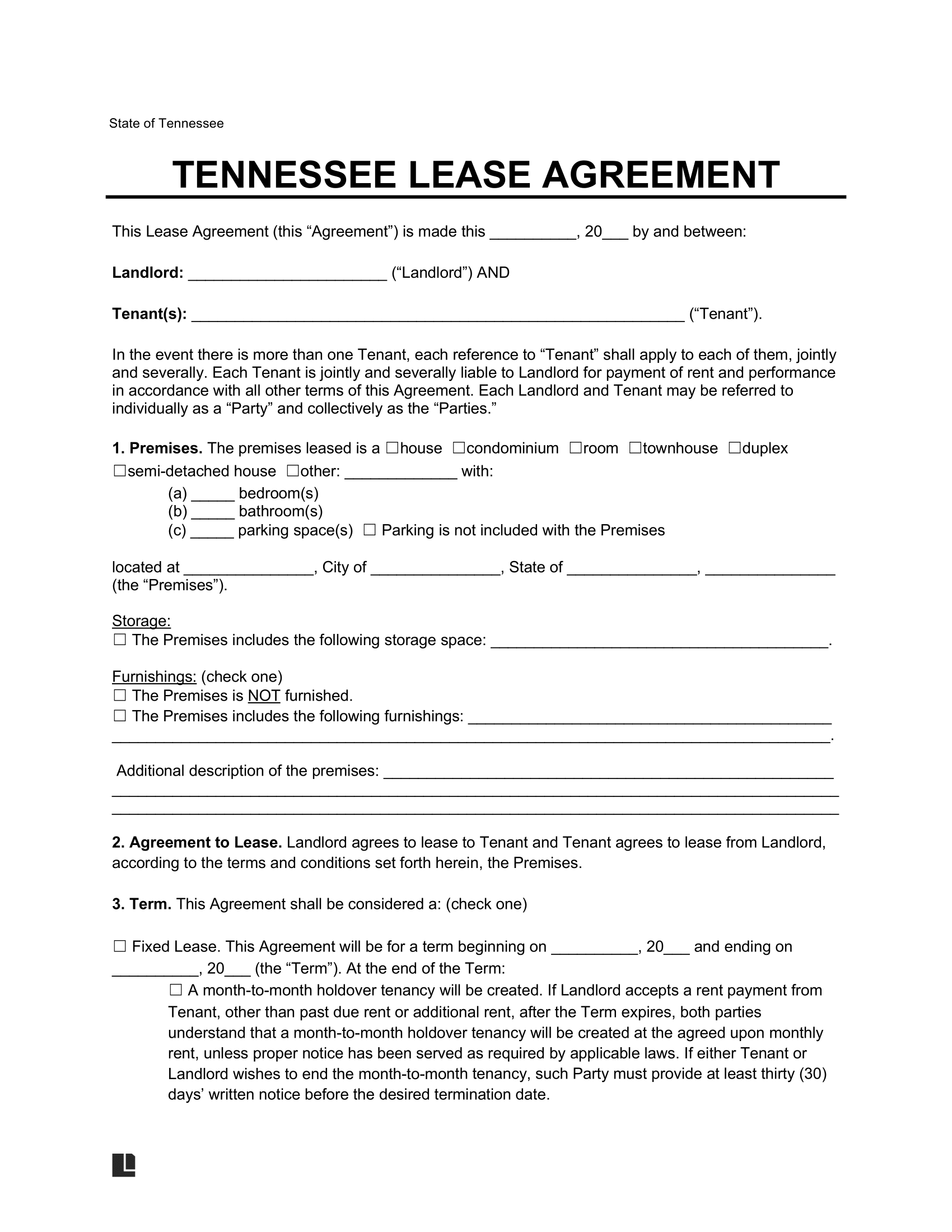 Free Tennessee Lease Agreement Templates 6 PDF Word