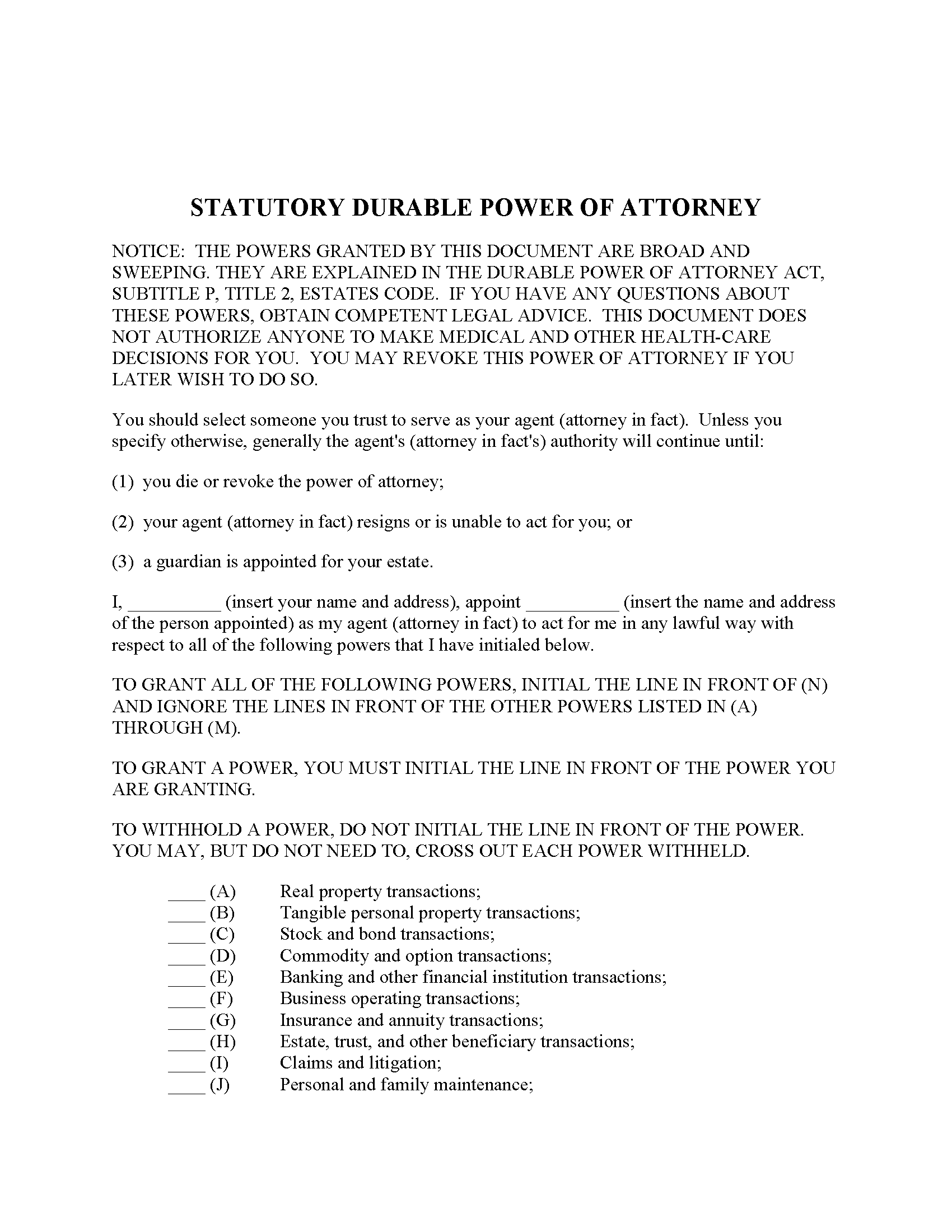 Free Texas Statutory Durable Power Of Attorney Form PDF