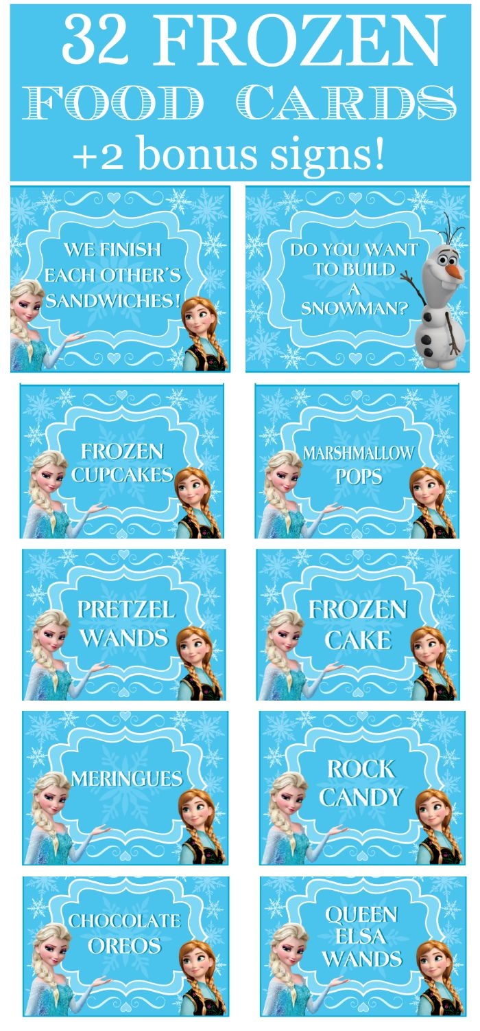 Frozen Party Food Card Prefilled Printables FREE Bonus Signs 