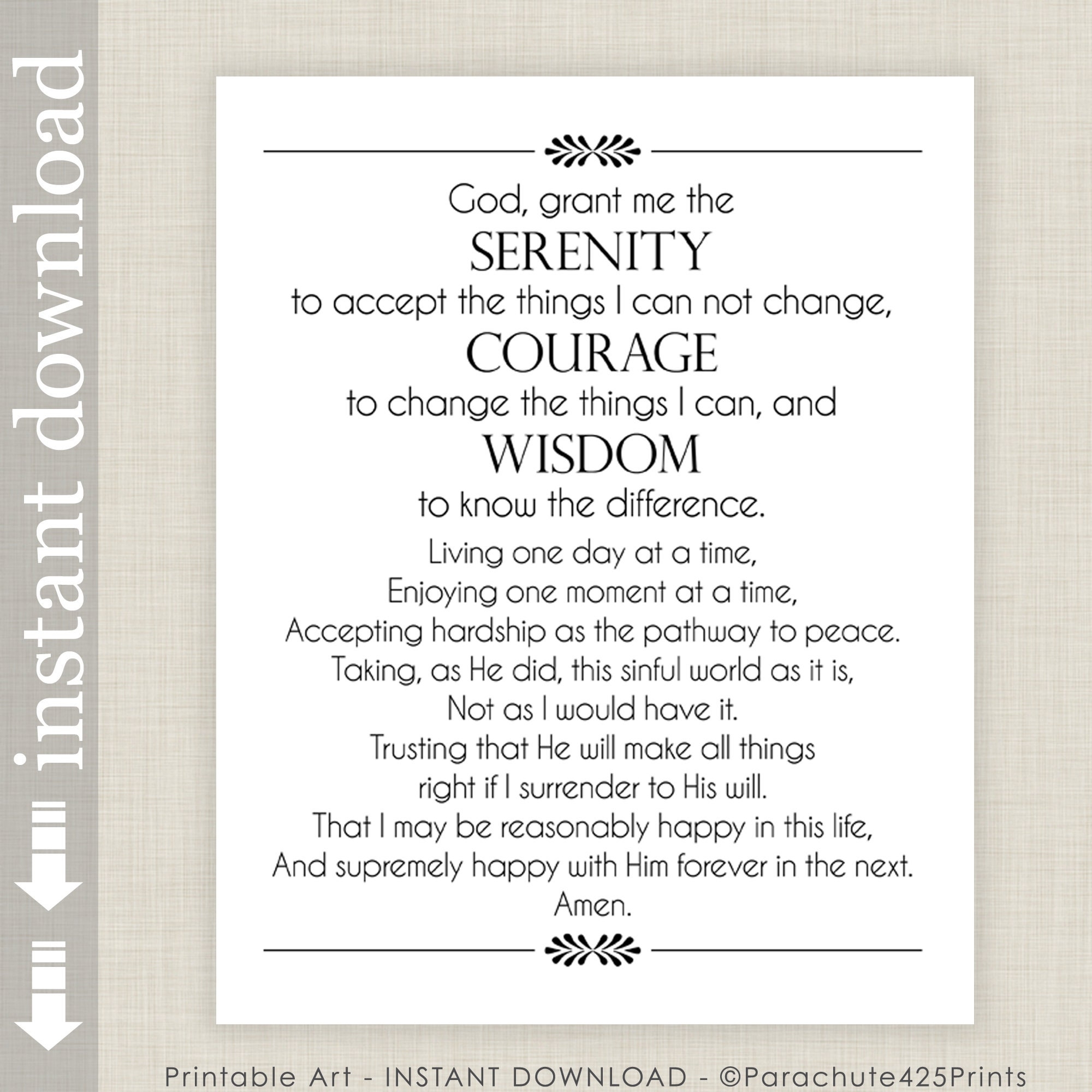 Full Serenity Prayer Printable Wall Art Inspirational Quote For AA Support Etsy
