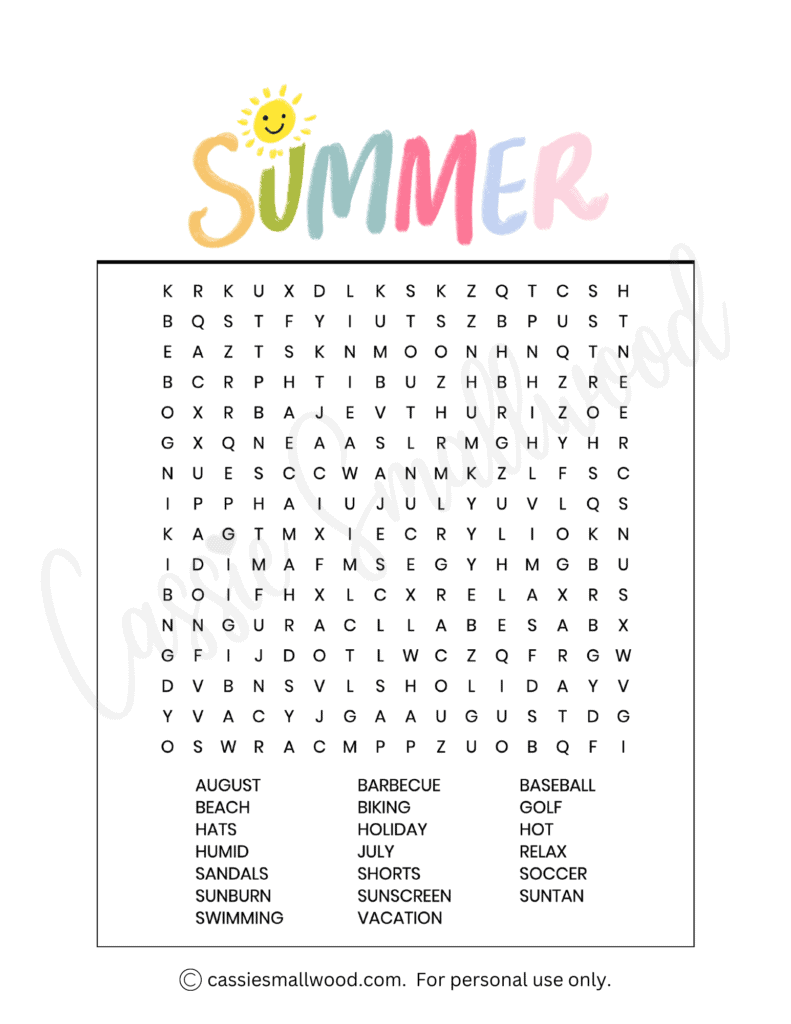 summer word search printable