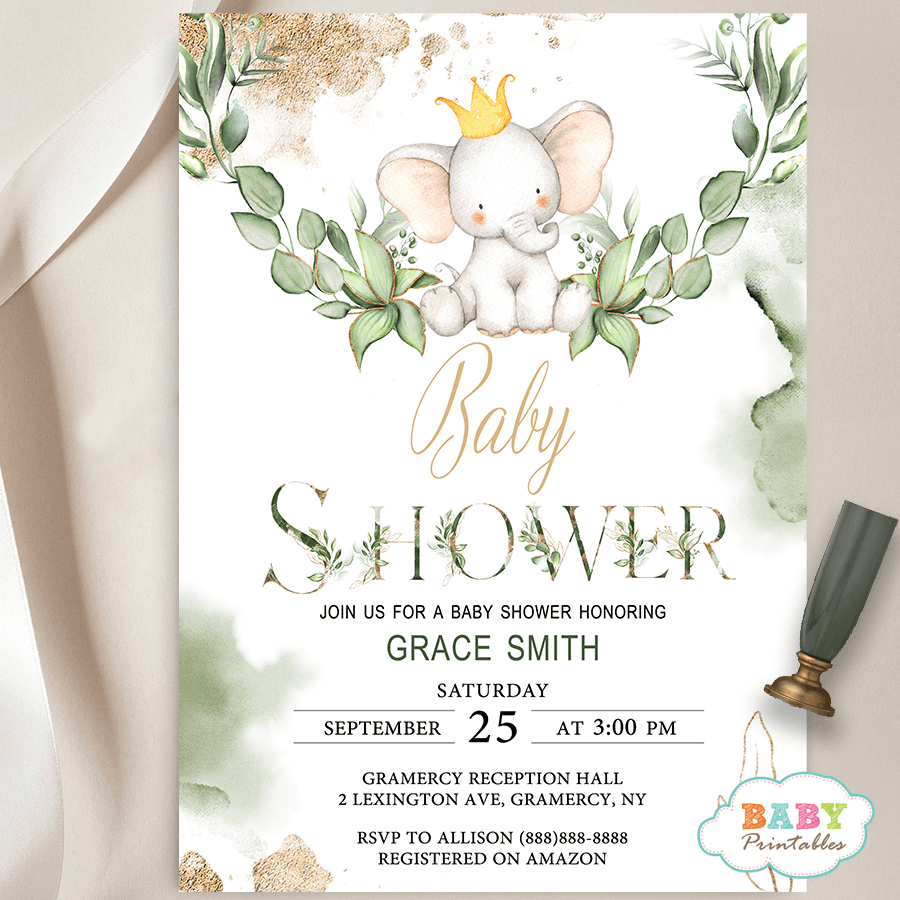 Gender Neutral Greenery Elephant Baby Shower Invites D496 Baby Printables