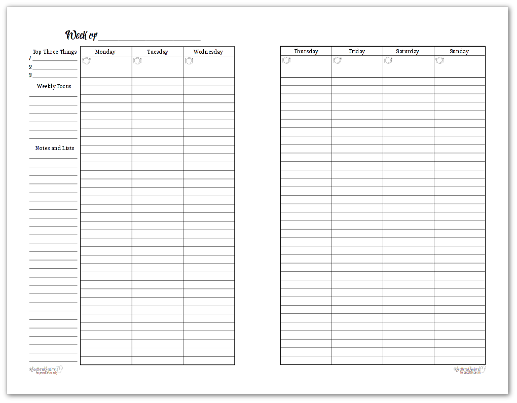 Half Size Black And White Weekly Planner Printables