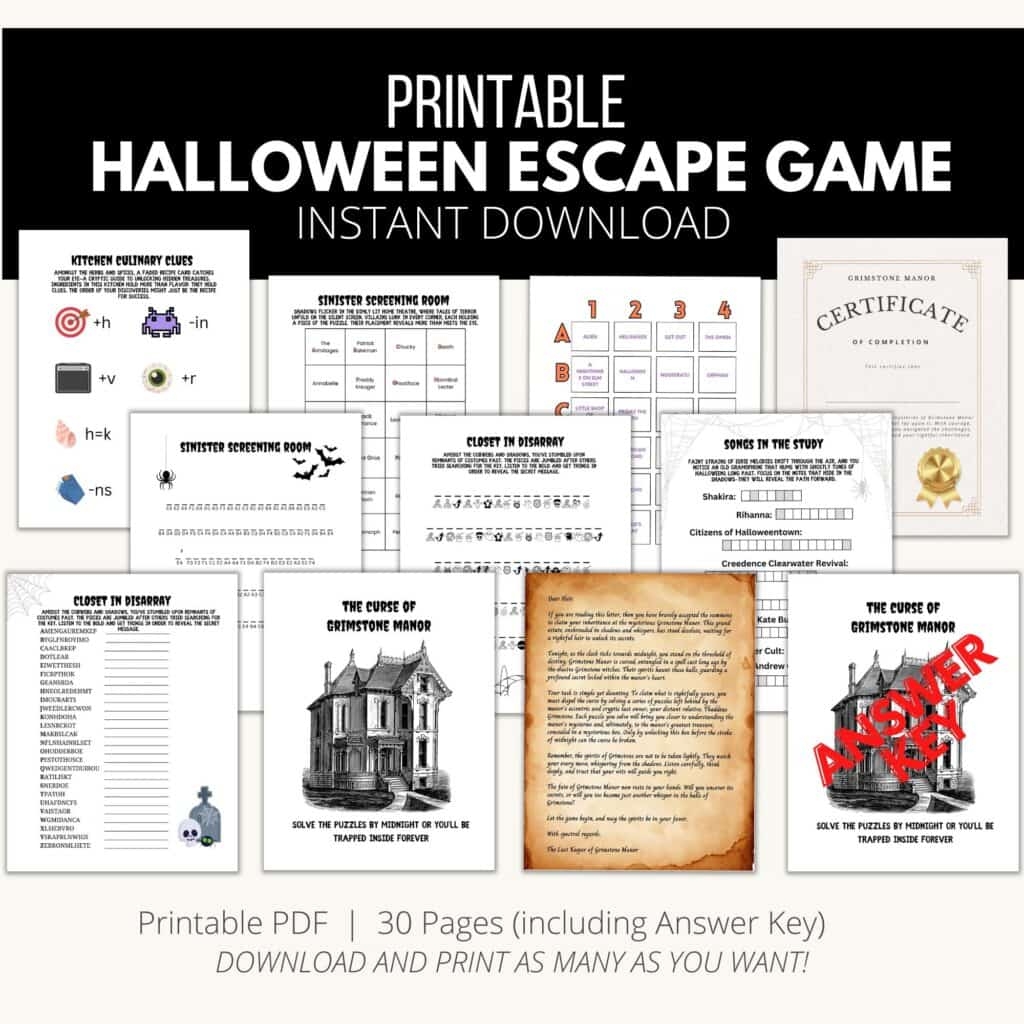 Halloween Escape Room Game Printable The Curse Of Grimstone Manor 