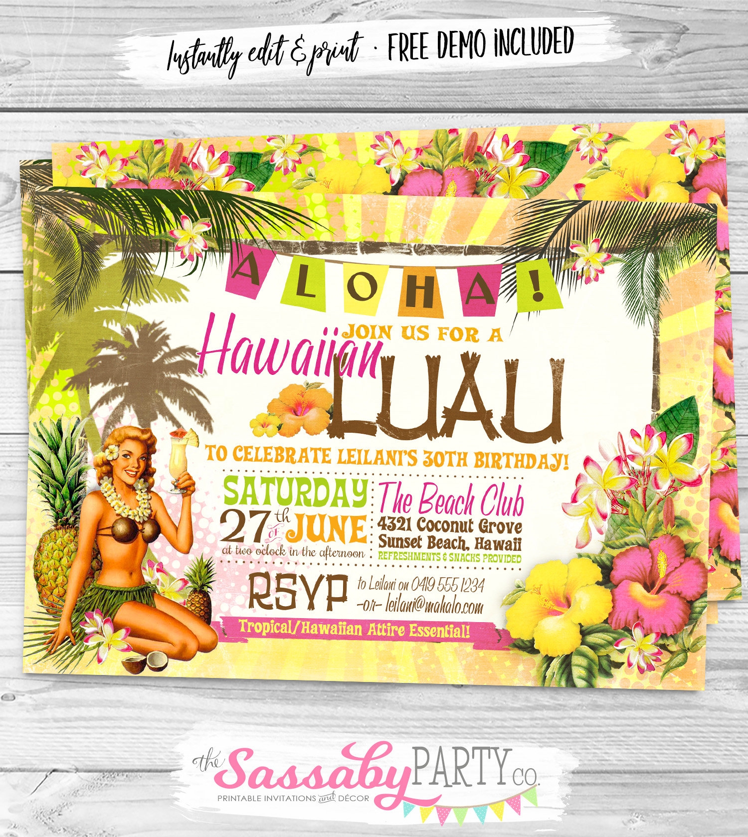 Hawaiian Luau Party Invitation INSTANT DOWNLOAD Edit Print Yourself Beach Tropical Summer Invite BBQ Birthday Pool Hawaii Surf Etsy