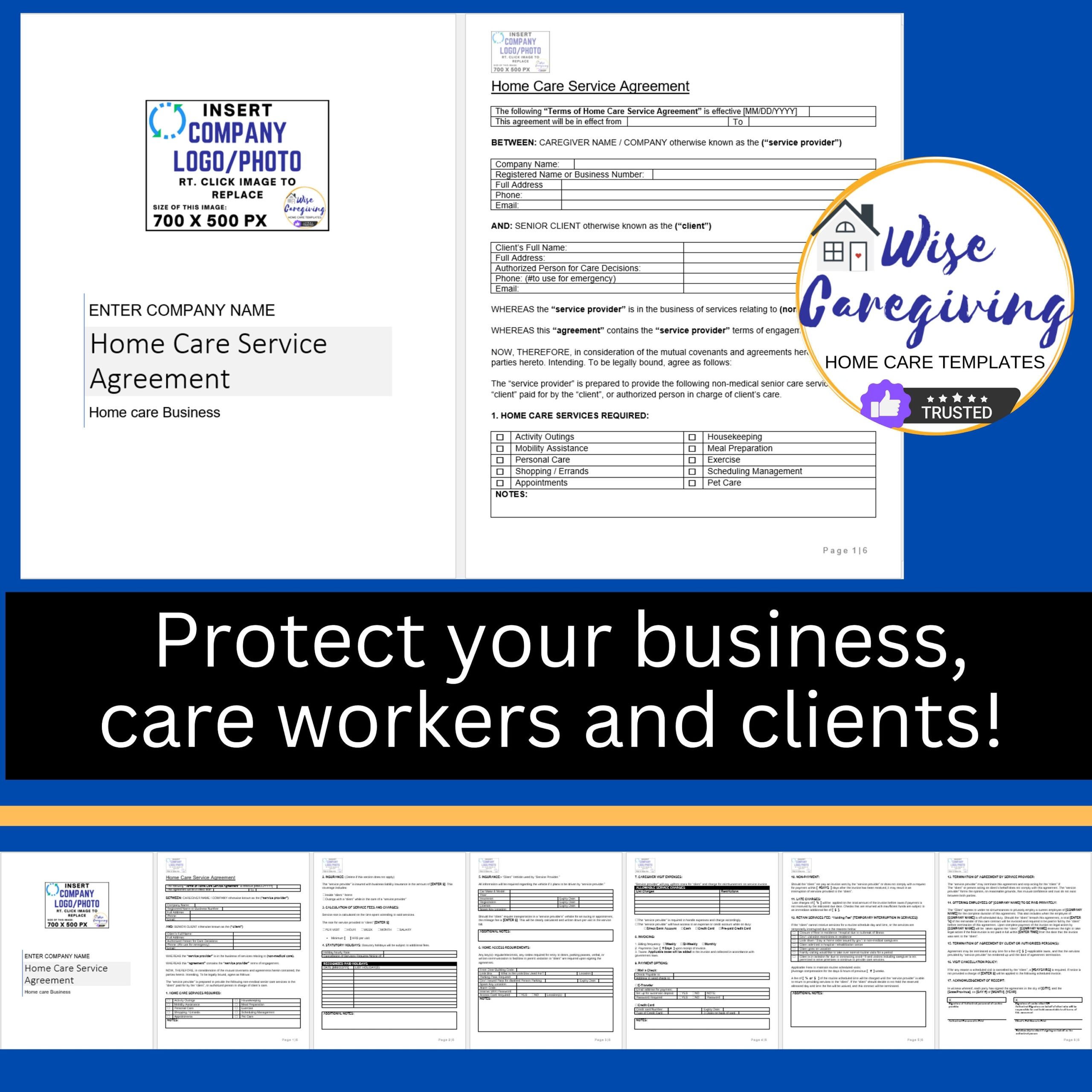 Home Care Service Agreement Template Terms Of Service Contract Personal Care Agency Form For Non medical Providers MS Word Document Etsy