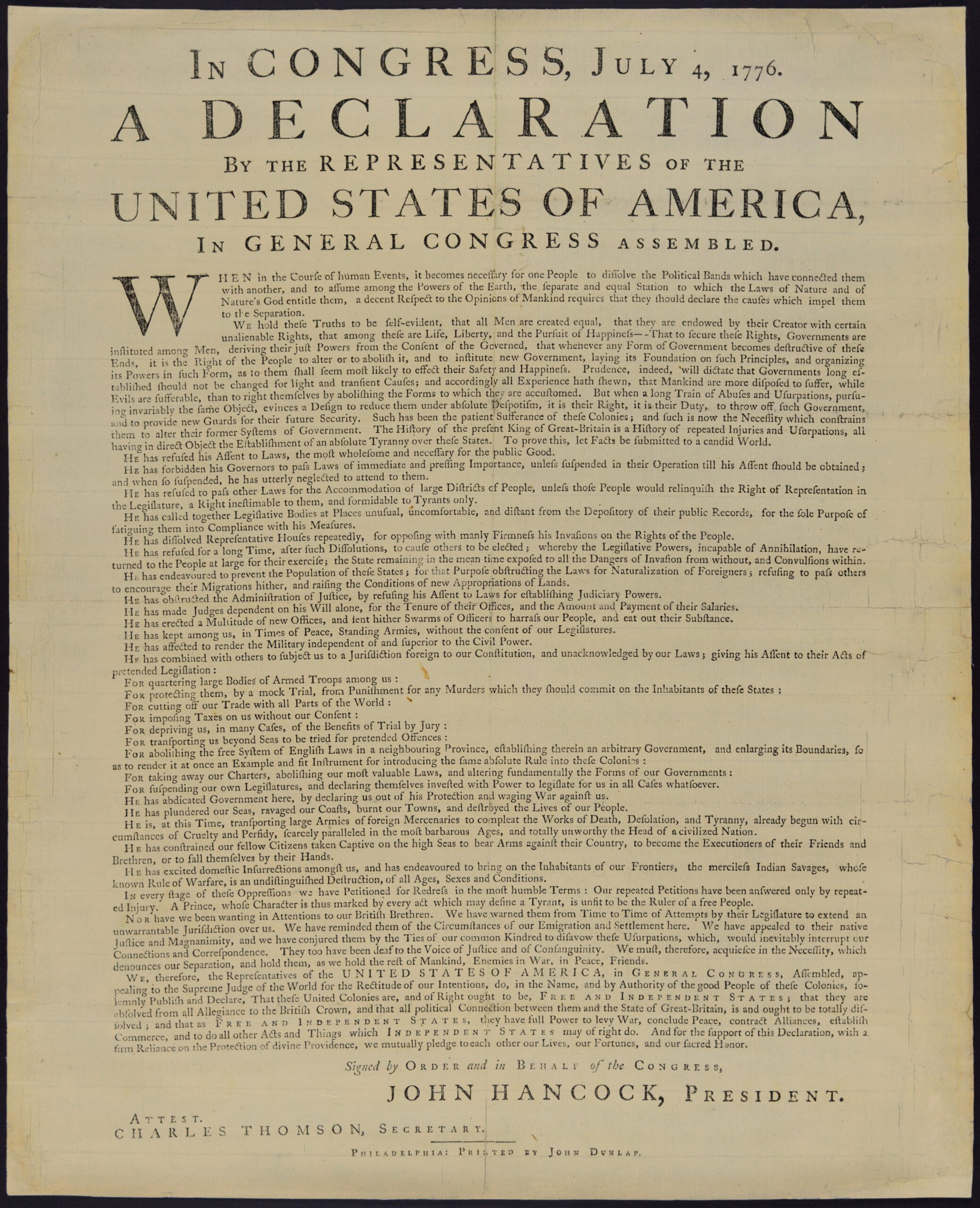 In Congress July 4 1776 A Declaration By The Representatives Of The United States Of America In General Congress Assembled Library Of Congress