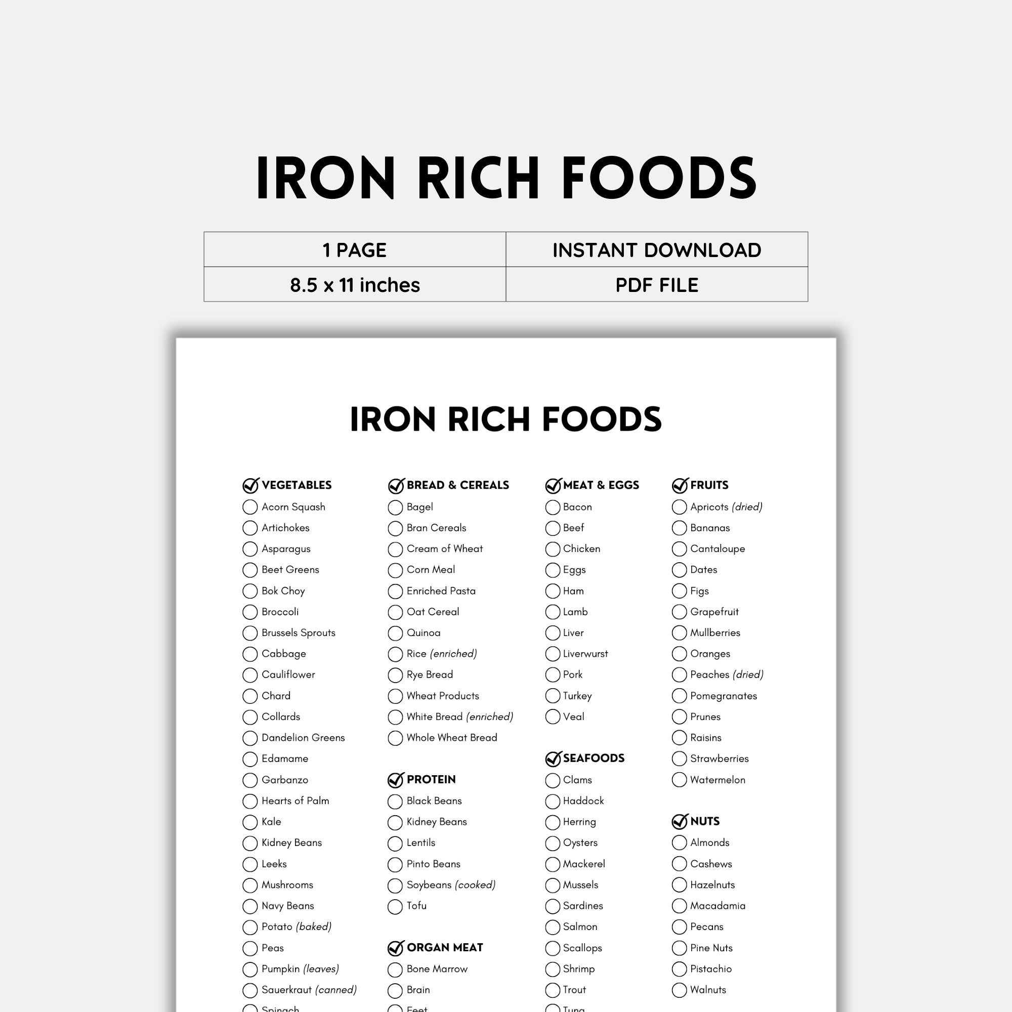 Iron Rich Food Iron Deficiency Food Foods High In Iron Grocery List Shopping List Food List Food Guide List Printable PDF Download Etsy