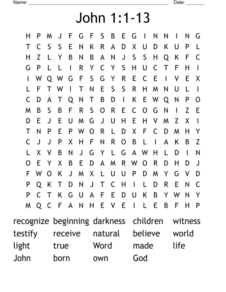 John 1 1 13 Word Search WordMint