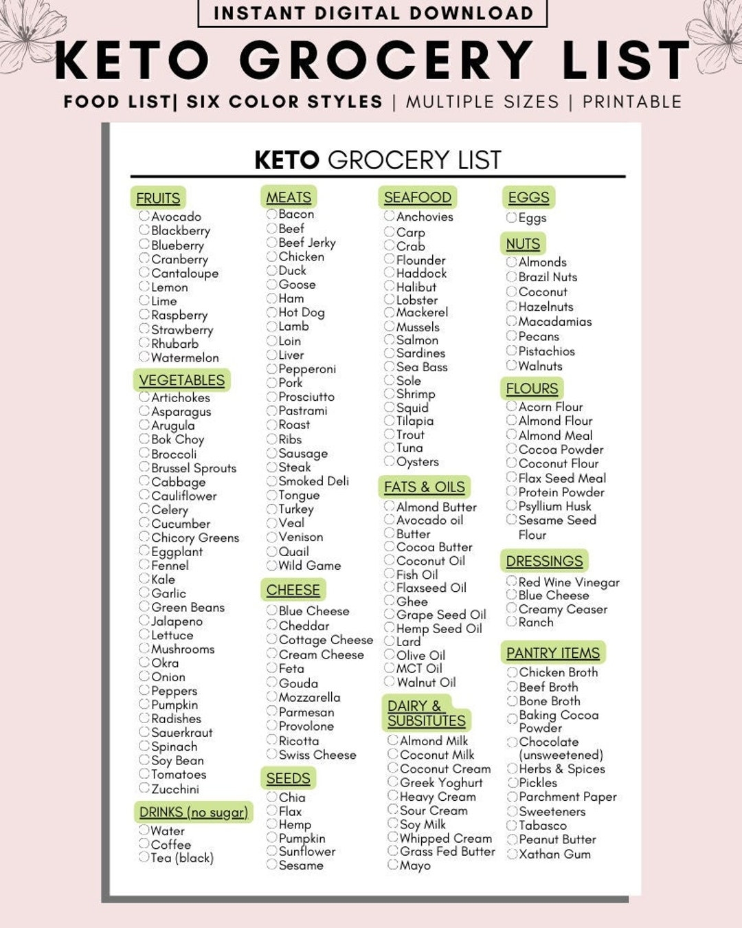 Keto Food List Printable Keto Grocery List Printable Keto Food List For Beginners Low Carb Food List Keto Tracker Meal Planner Etsy