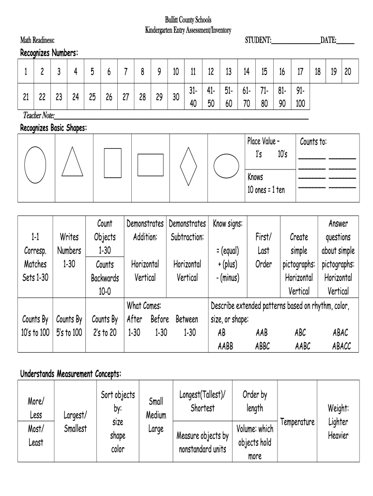 Kindergarten Screening Test Pdf Fill Online Printable Fillable Blank PdfFiller