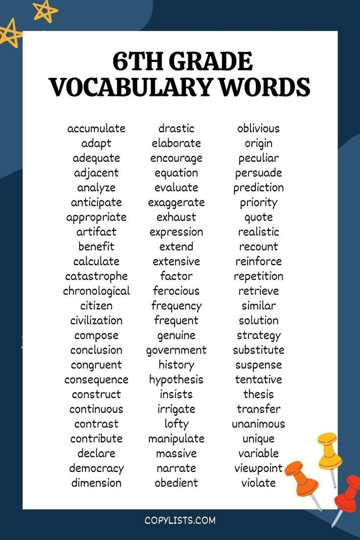 List Of 6th Grade Vocabulary Words To Print Or Download