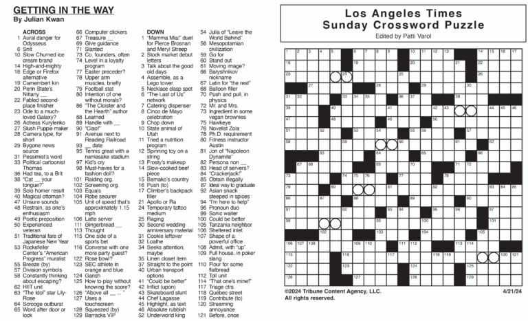 Los Angeles Times Sunday Crossword Puzzle Tribune Content Agency