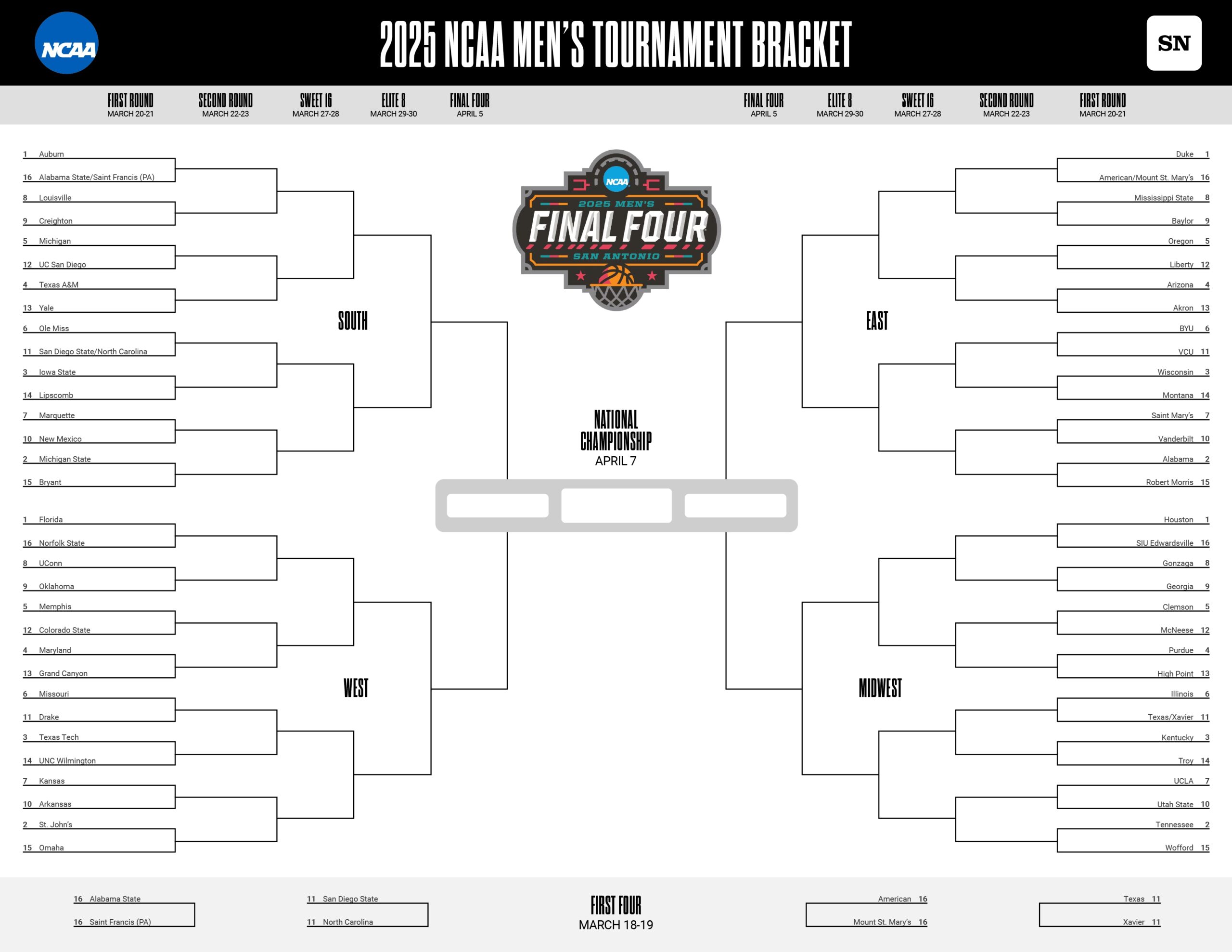 ncaa printable bracket with game times