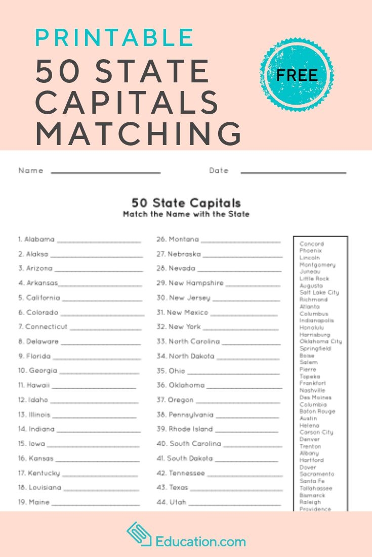 states and capitals quiz printable