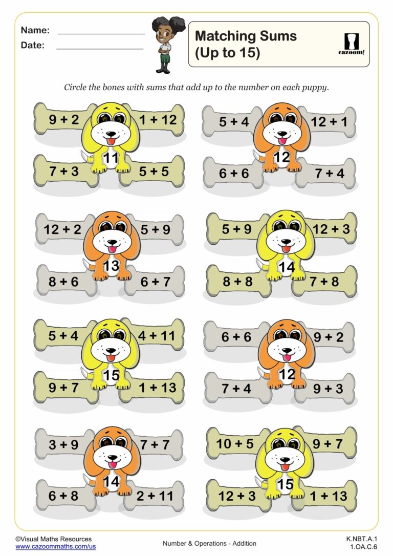 Matching Sums Up To 11 15 PDF Printable Addition Worksheets