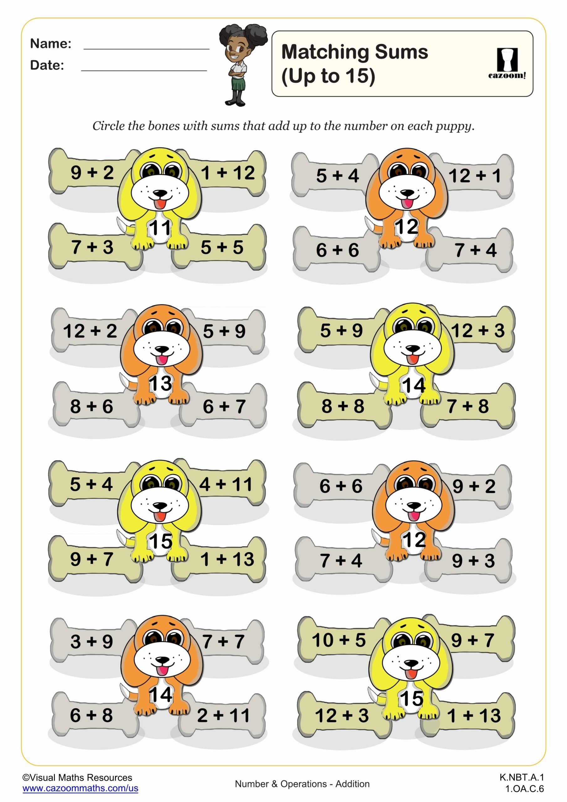 Matching Sums Up To 11 15 PDF Printable Addition Worksheets