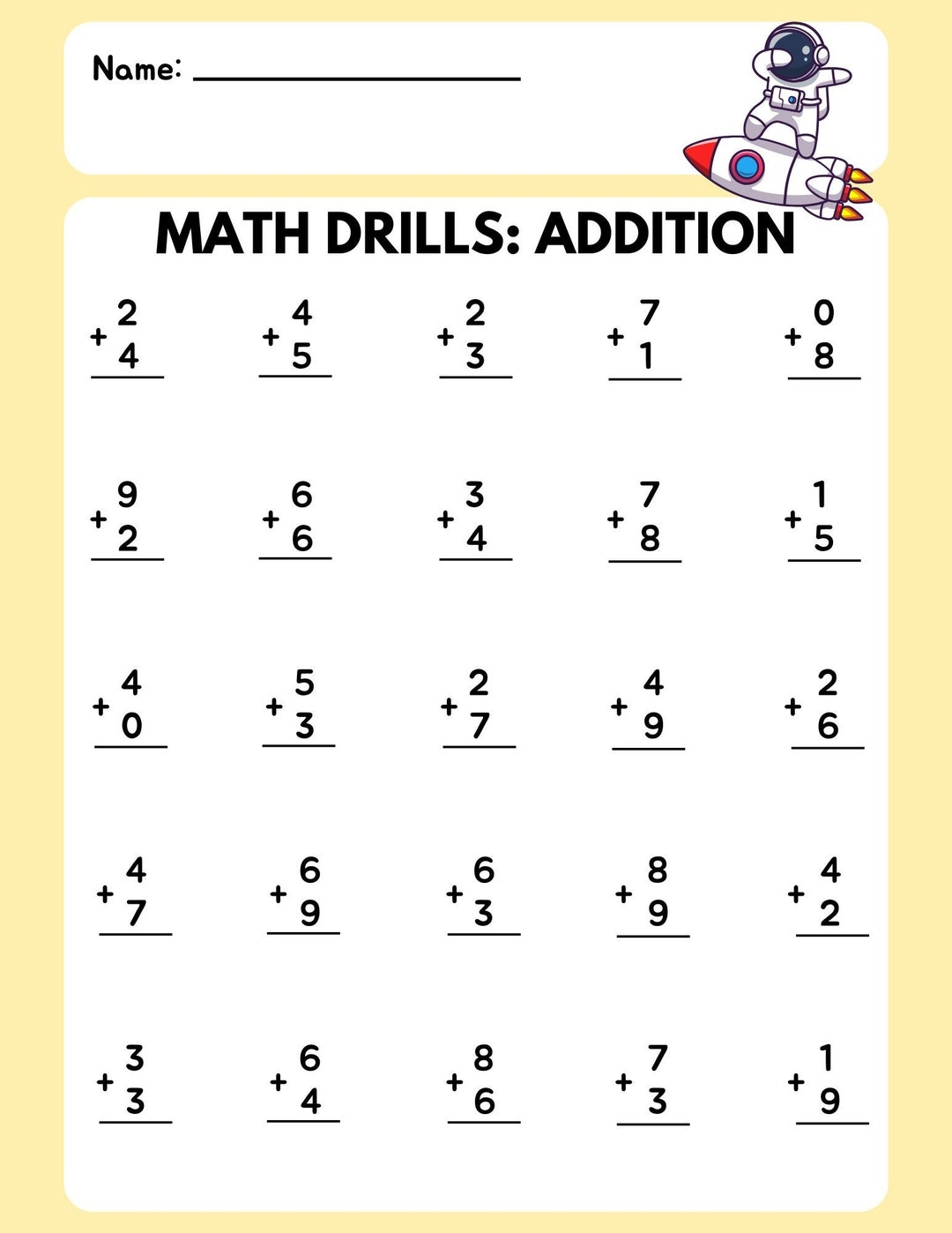 Math Addition Drill Worksheet Etsy