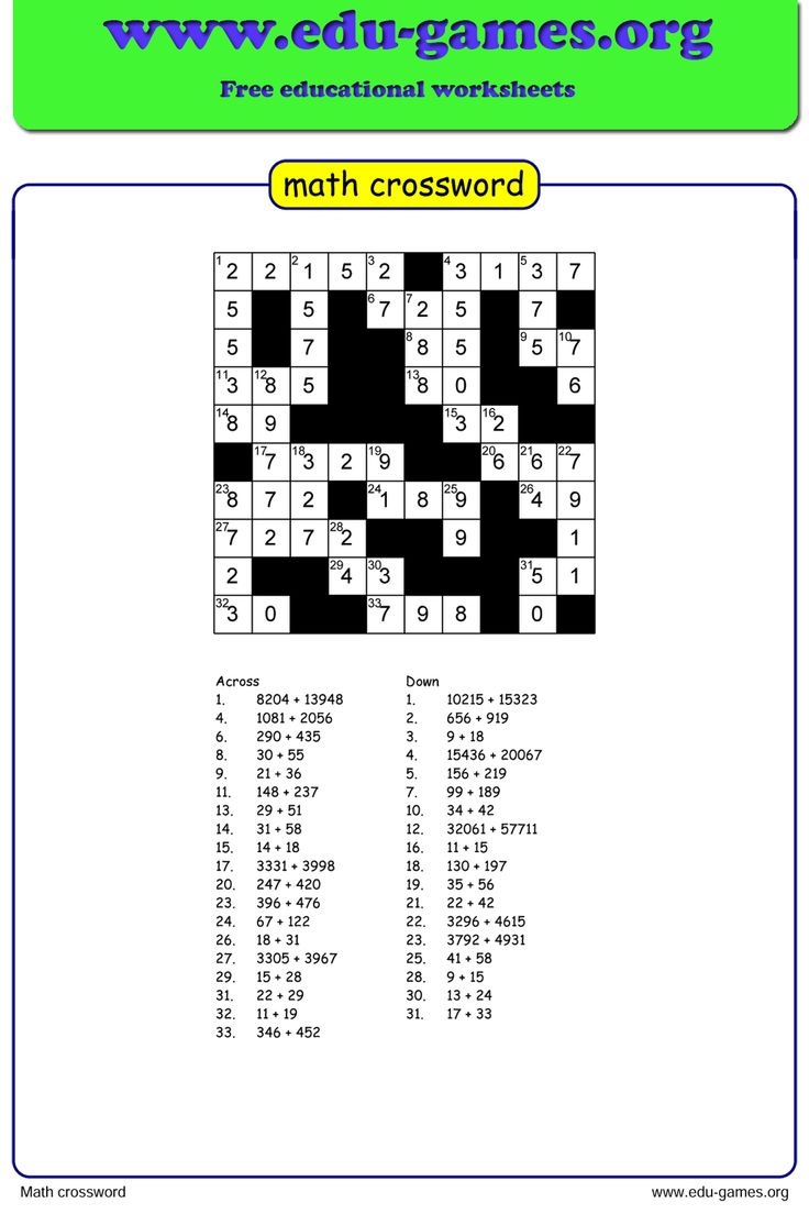 math crossword puzzles printable