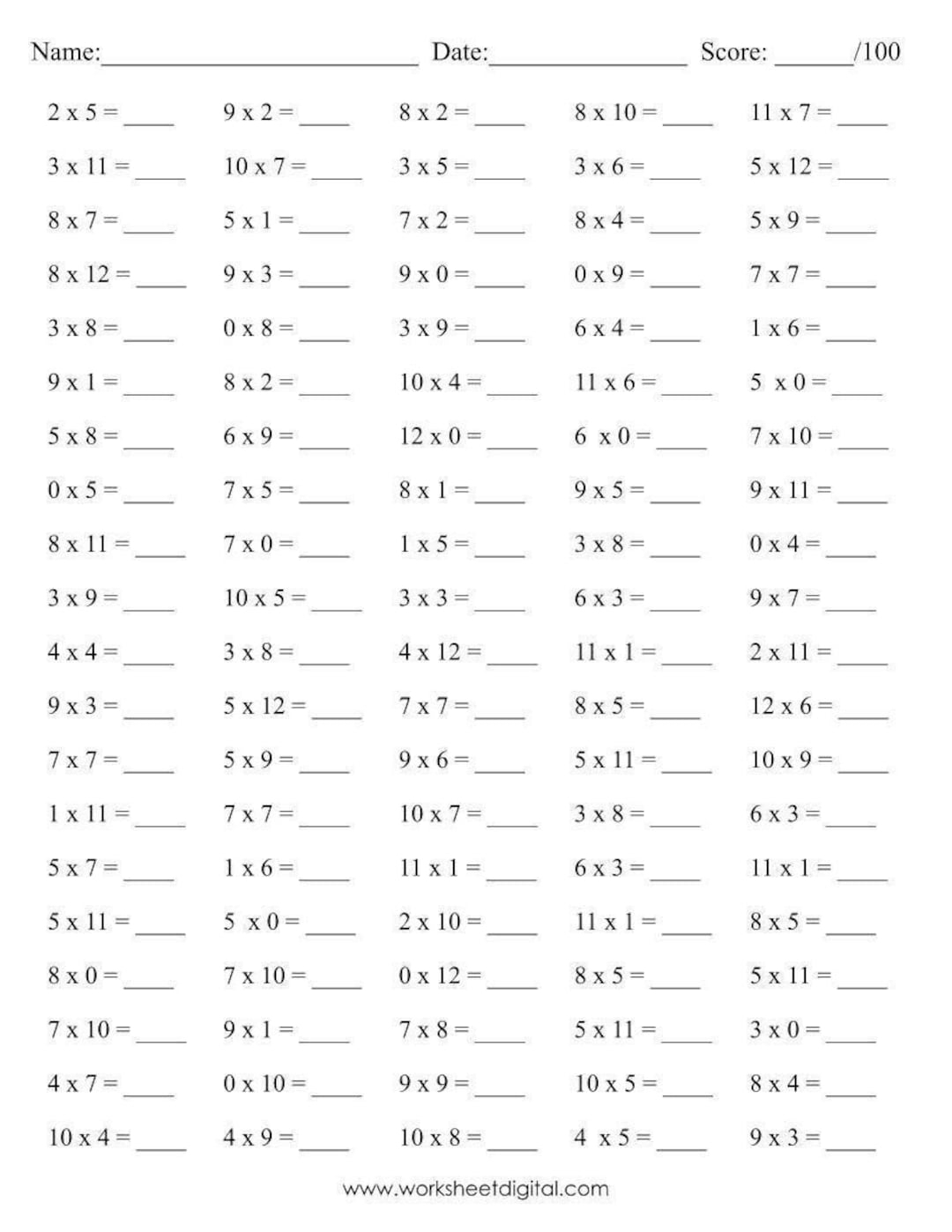 Math Drills Multiplication Printable Timetable 0 To 12 Practice Speed Counting Instant Download Homework Practice Math Worksheets Etsy