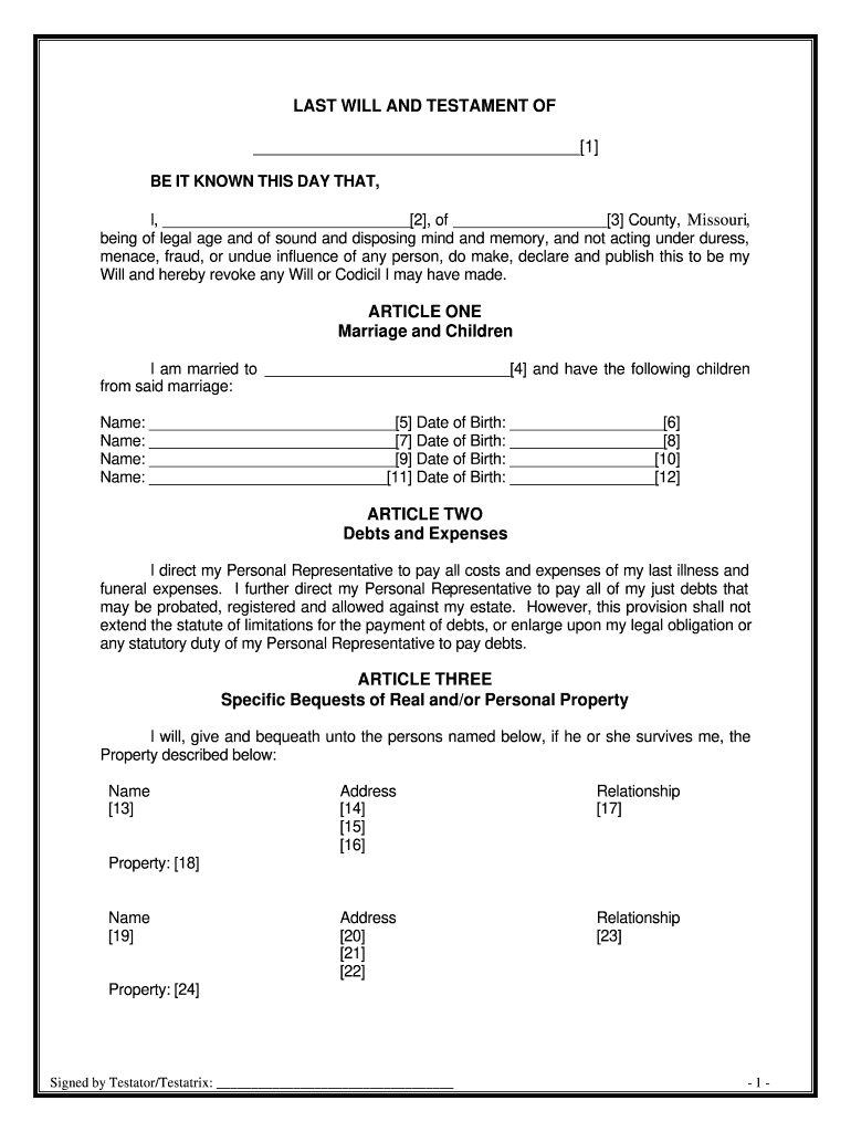 Missouri Legal Last Will And Testament Form For Married Person With Adult And Minor Children PdfFiller