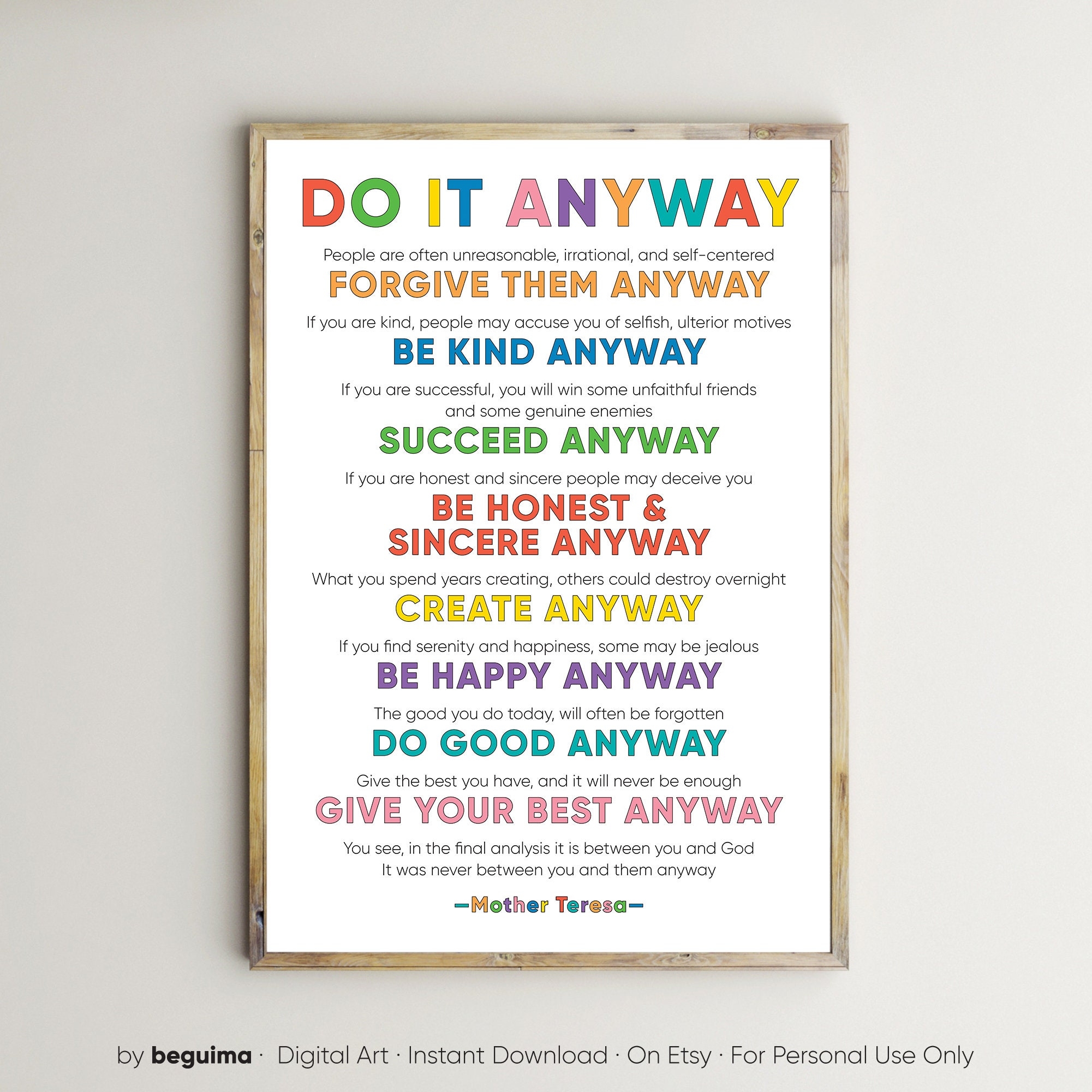 Mother Teresa Print do It Anyway inspirational Quotes poster wall Decor Printable Wall Art inspiring Words typography text digital Download Etsy