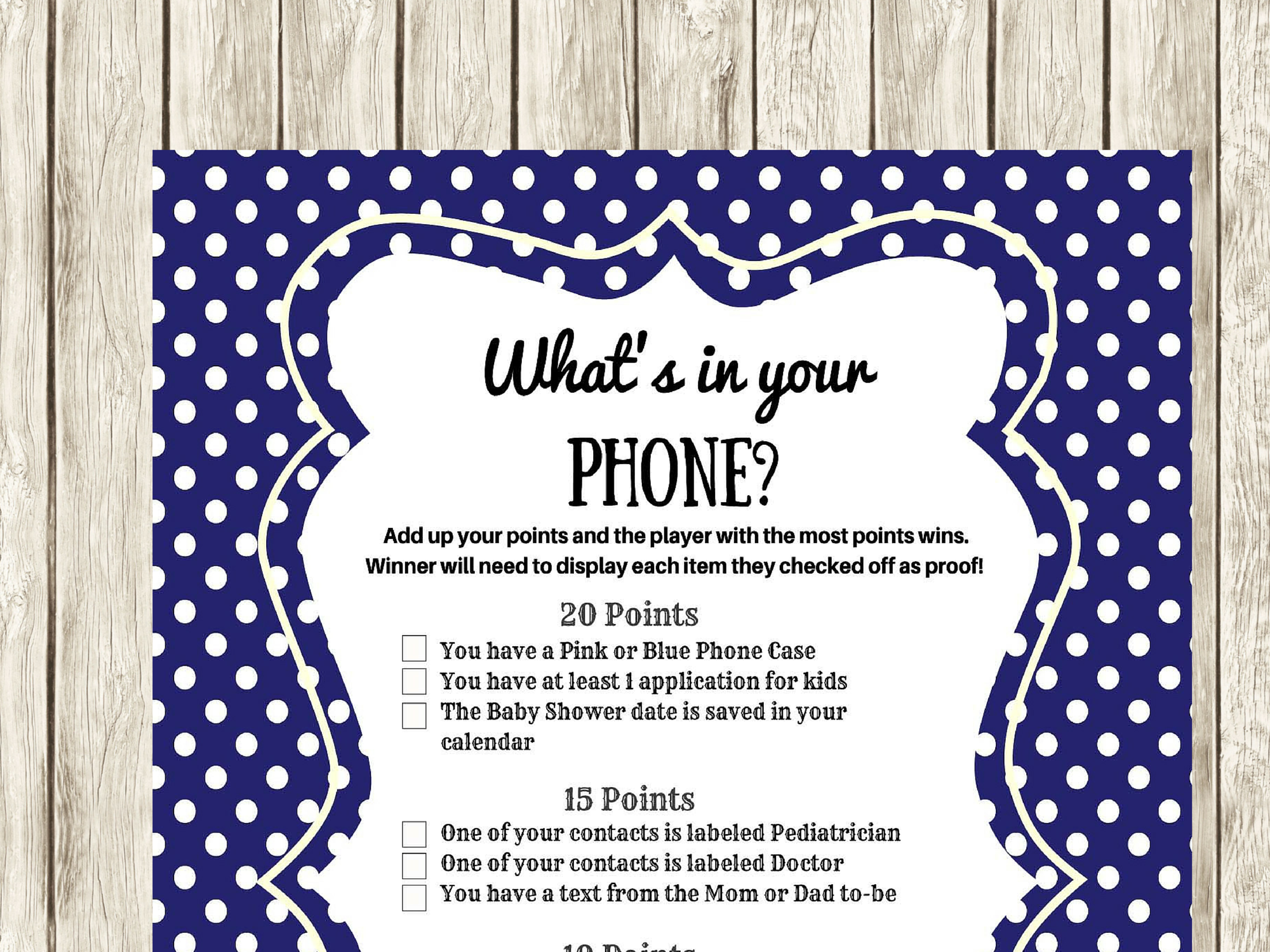Navy Modern What s In Your Cellphone Baby Shower Games